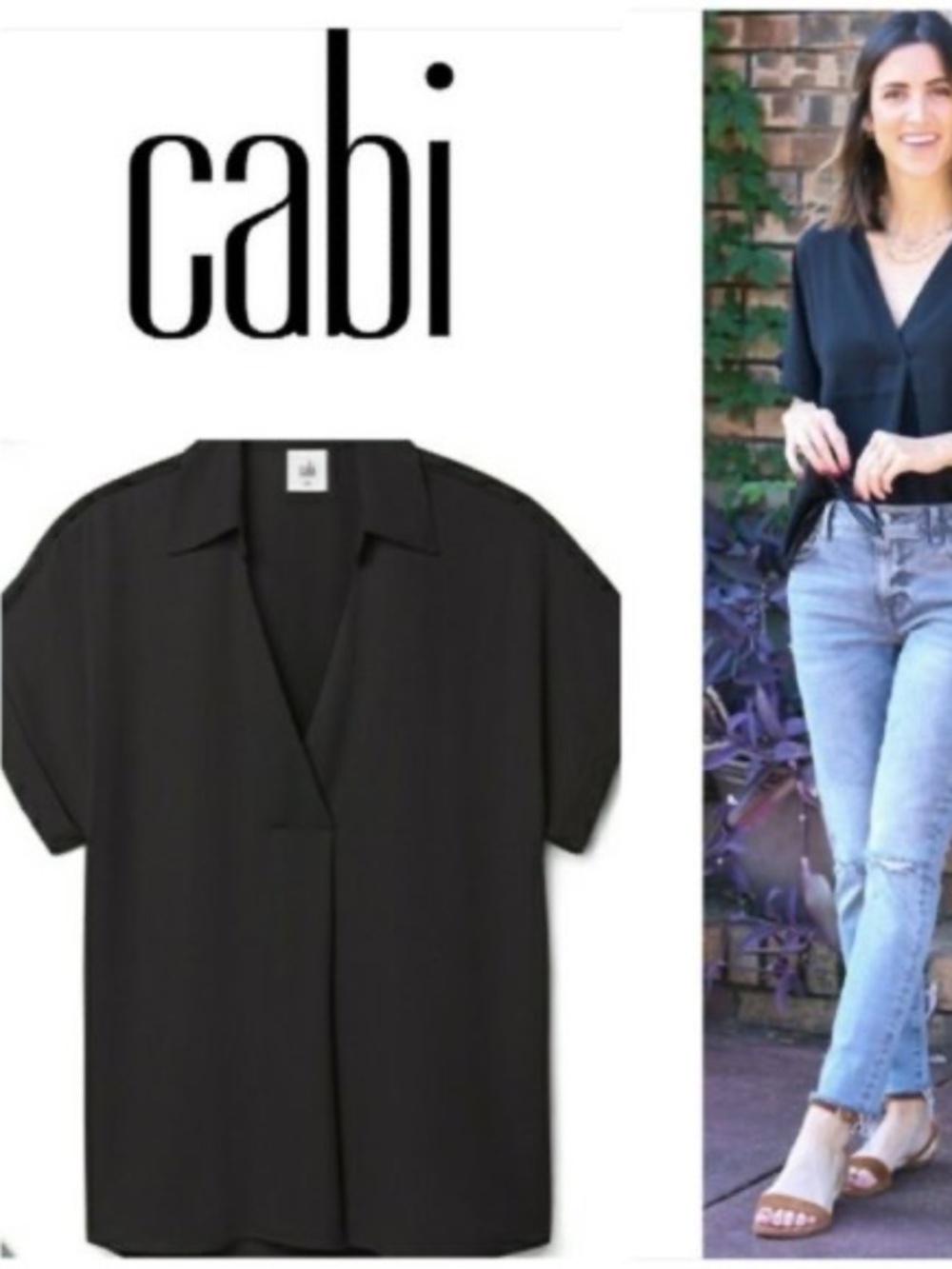 Cabi Replay Top Black Size S EUC Collared V-Neck Short Sleeve Blouse Style #3964